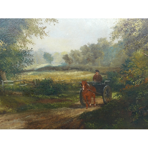 9028 - A 19th Century oil on canvas, Country lane scene with horse & cart and figures. Indistinctly signed ... 