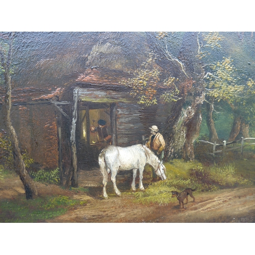 9028 - A 19th Century oil on canvas, Country lane scene with horse & cart and figures. Indistinctly signed ... 