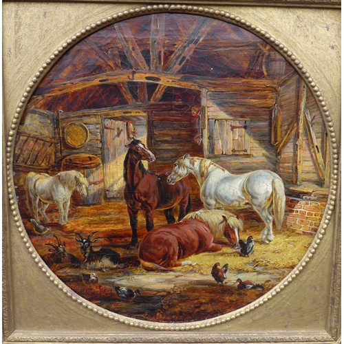 9025 - A 19th Century oil on canvas, interior stable scene with Horses, Goats and Chickens. Unsigned, later... 