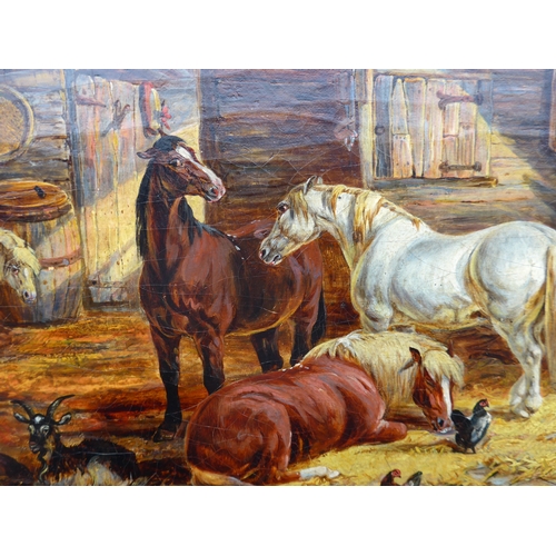 9025 - A 19th Century oil on canvas, interior stable scene with Horses, Goats and Chickens. Unsigned, later... 