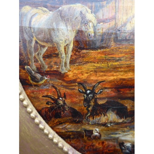 9025 - A 19th Century oil on canvas, interior stable scene with Horses, Goats and Chickens. Unsigned, later... 