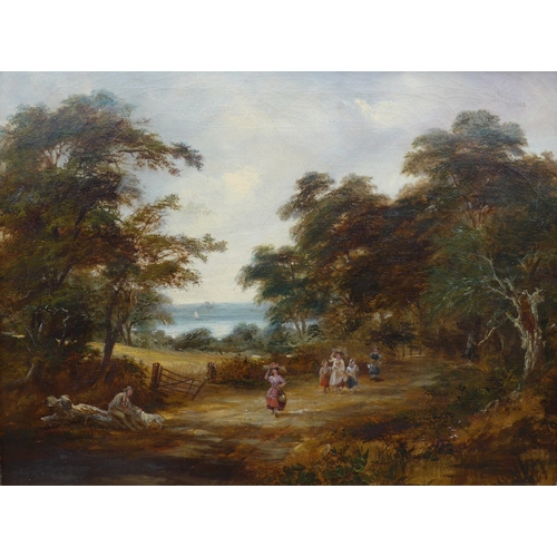 9023 - ROBERT BURROWS (1810-1883) An ornate gilt framed oil on canvas, woodland path scene with figures. Si... 