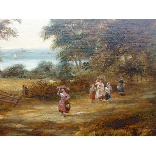 9023 - ROBERT BURROWS (1810-1883) An ornate gilt framed oil on canvas, woodland path scene with figures. Si... 