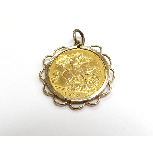 6544 - A 1913 gold half sovereign in 9ct gold pendant mount, 5.4g total