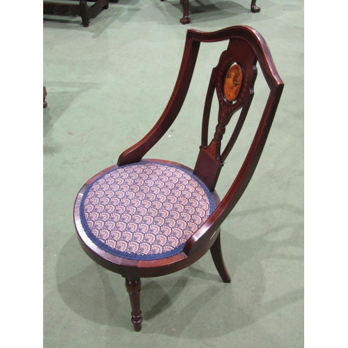 4005 - An Edwardian inlaid bedroom chair, marquetry backrest with portrait of a lady, turned front legs, bl... 