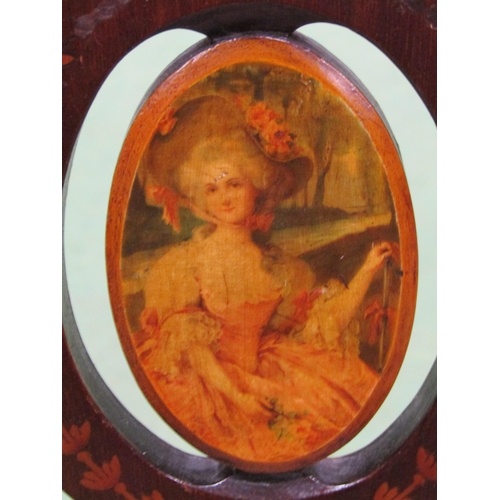 4005 - An Edwardian inlaid bedroom chair, marquetry backrest with portrait of a lady, turned front legs, bl... 