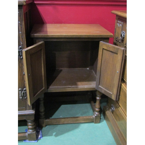 4034 - A pair of 20th Century Old Charm linen fold bedside cupboards, 71cm tall x 50cm wide x 35cm deep, an... 