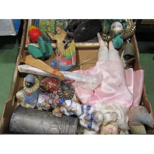 4439 - A box of assorted items including painted birds, silk painting of elephant and riders, hand fans, et... 