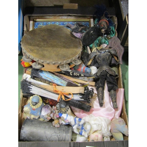 4439 - A box of assorted items including painted birds, silk painting of elephant and riders, hand fans, et... 