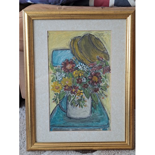 1059 - A framed and glazed oil on artists board, still life of flowers and hat. Unsigned, image size 32cm x... 