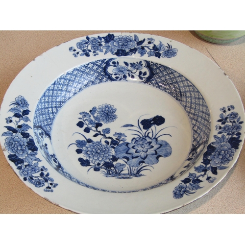 1002 - A large 19th Century Chinese blue and white bowl, 37cm diameter (a/f), Oriental dish (a/f) and a gin... 