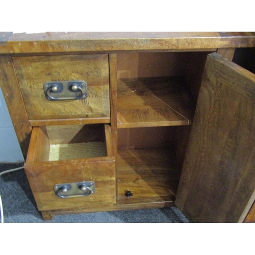 1010 - A hardwood cabinet, three drawers beside a single door cupboard, 80cm tall x 70cm wide x 35cm deep