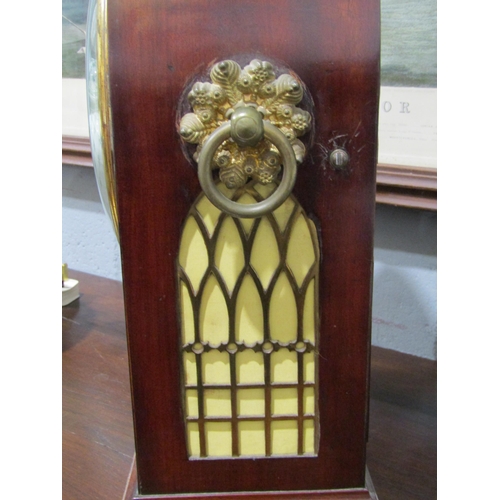 1049 - A Georgian brass inlaid mahogany Gothic bracket clock, no escutcheon