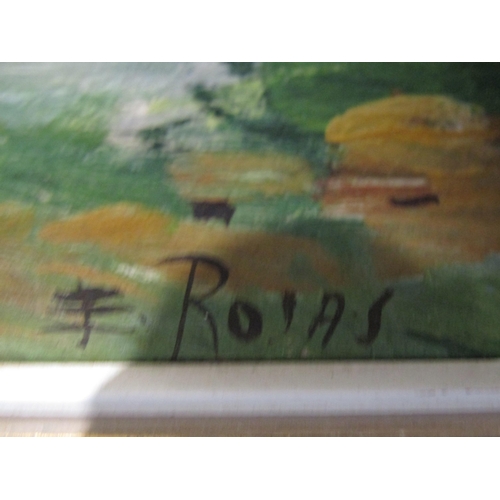 1054 - E. ROJAS: Oil on board of Continental street scene signed lower left, framed, 50 x 35cm image size