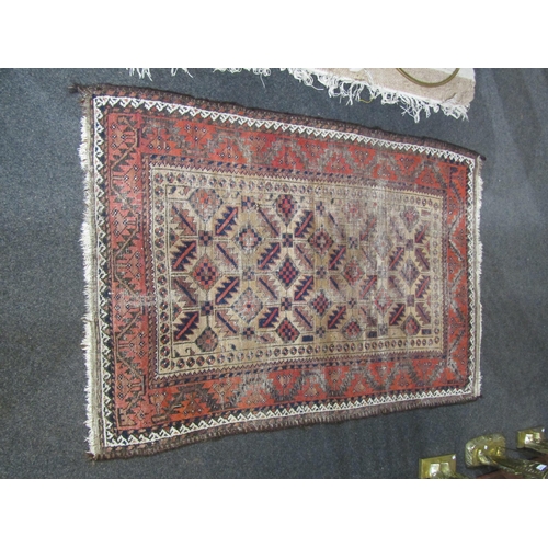 1563 - Three rugs, Eastern red and brown ground geometric design (worn), 140cm x 95cm, American style with ... 