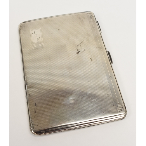 8054 - A William Neale silver deco engine turned cigarette case, monogrammed JRM, worn dented state, inscri... 