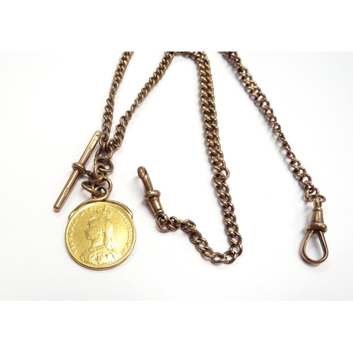 6543 - A 9ct gold watch chain with T-bar, each link stamped 375, 9ct, 43cm long, hung with an 1889 gold sov... 