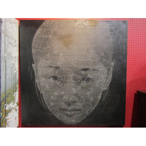 4030 - CHIT (Thai contemporary artist): Mixed media portrait. The front profile image of young girl with wa... 