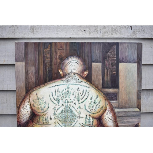 4048 - VIZAT RUNGPAYAK (Thai contemporary artist): Painting depicting a solemn ritual like scene. The centr... 