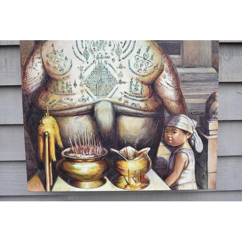 4048 - VIZAT RUNGPAYAK (Thai contemporary artist): Painting depicting a solemn ritual like scene. The centr... 
