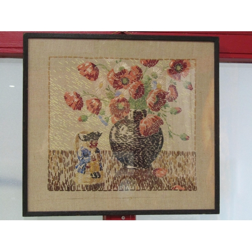 4015 - Two early 20th Century embroideries of shire horses and an embroidered still life of a vase of flowe... 