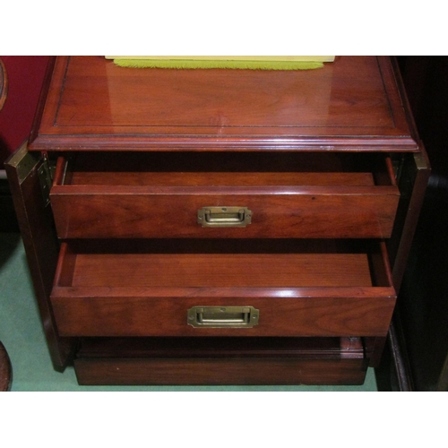 4040 - A pair of Georgian style campaign Wellington chests with locking bars and four drawers over a plinth... 