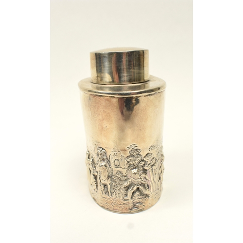 8018 - A silver tea caddy with high relief figural scene, marks rubbed, dents present, 8.2cm x 6.7cm, 71g