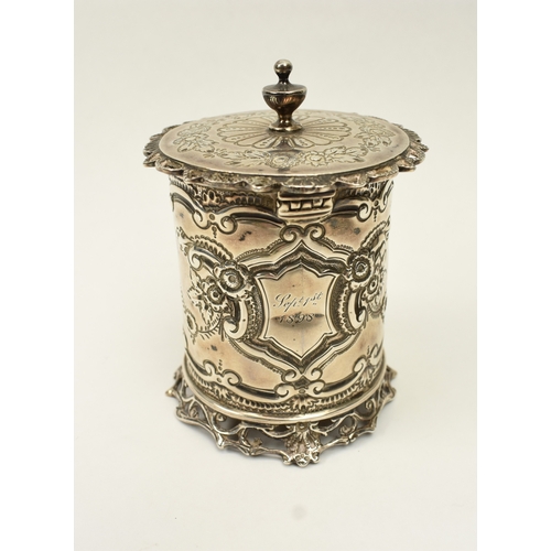 8029 - A Mappin & Webb silver hinged lidded pot with floral swag decoration, monogrammed, London 1898, 9.5c... 