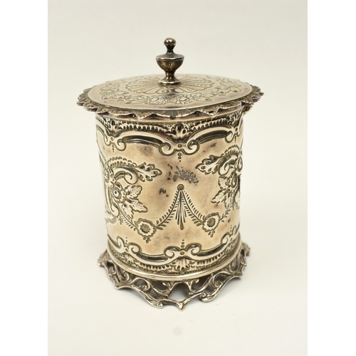 8029 - A Mappin & Webb silver hinged lidded pot with floral swag decoration, monogrammed, London 1898, 9.5c... 