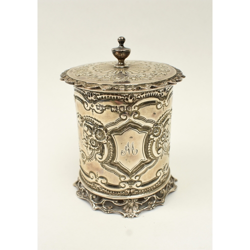 8029 - A Mappin & Webb silver hinged lidded pot with floral swag decoration, monogrammed, London 1898, 9.5c... 