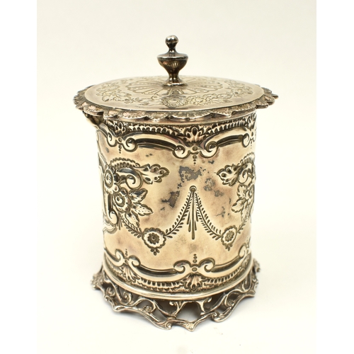 8029 - A Mappin & Webb silver hinged lidded pot with floral swag decoration, monogrammed, London 1898, 9.5c... 