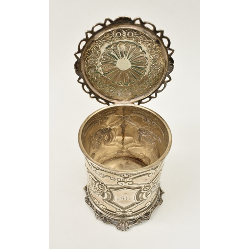 8029 - A Mappin & Webb silver hinged lidded pot with floral swag decoration, monogrammed, London 1898, 9.5c... 