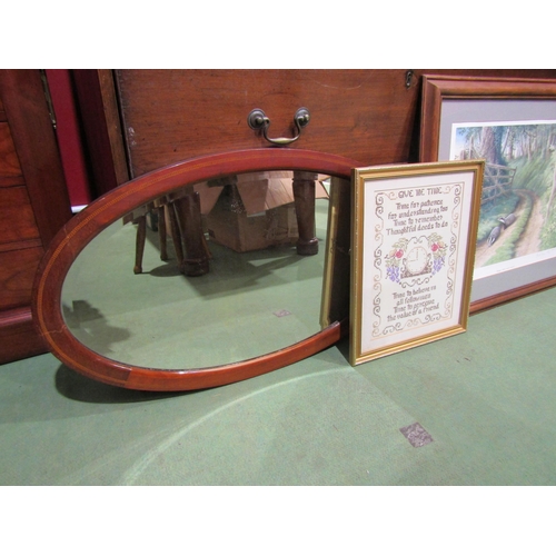4047 - An Edwardian inlaid oval form mirror with bevelled glass mirror plate, a late 20th Century sampler a... 