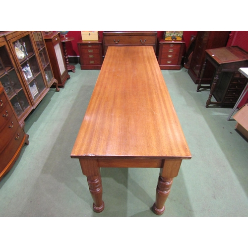 4056 - A mid-Victorian style mahogany three drawer serving table on turned leg supports, 80cm tall x 230cm ... 