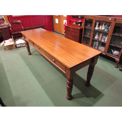 4056 - A mid-Victorian style mahogany three drawer serving table on turned leg supports, 80cm tall x 230cm ... 