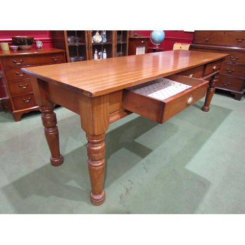 4056 - A mid-Victorian style mahogany three drawer serving table on turned leg supports, 80cm tall x 230cm ... 
