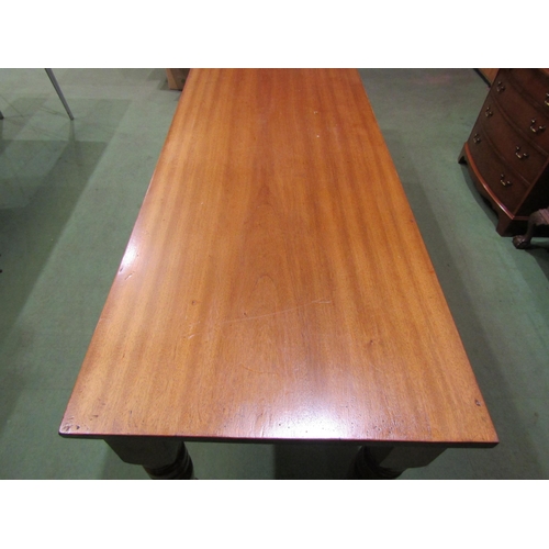 4056 - A mid-Victorian style mahogany three drawer serving table on turned leg supports, 80cm tall x 230cm ... 