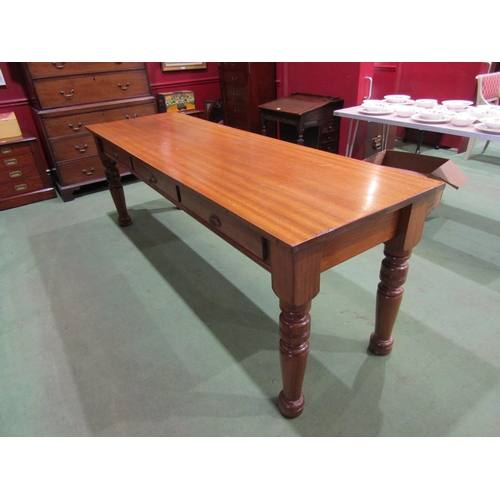 4056 - A mid-Victorian style mahogany three drawer serving table on turned leg supports, 80cm tall x 230cm ... 