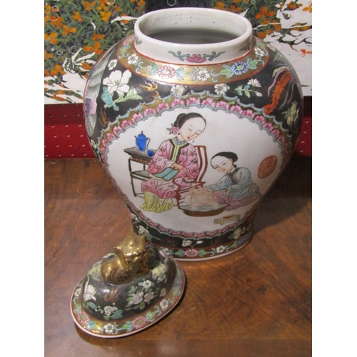 4022 - A 20th Century Oriental vase with cover, gilt dog of fo knop, figural scenes, character mark to base... 