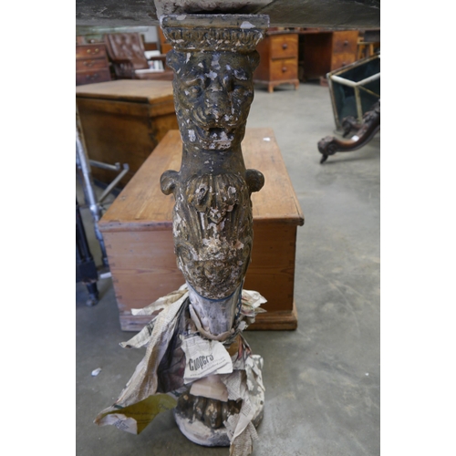 2011 - A pair of gilt and gesso lion demilune side tables, a/f