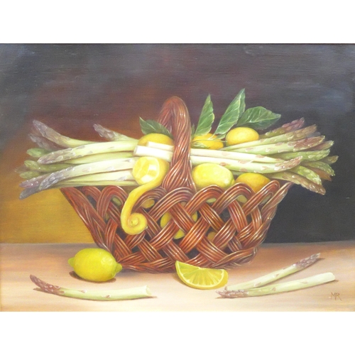 9053 - MIMI ROBERTS (Irish XX/XXI) A large framed oil on board still life, Lemons & Asparagus in woven bask... 