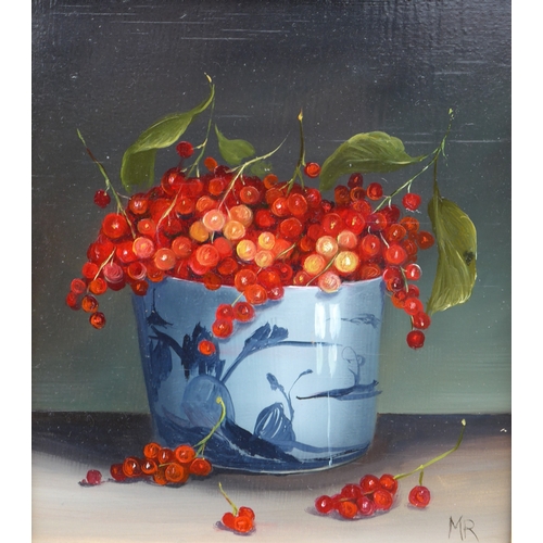 9052 - MIMI ROBERTS (Irish XX/XXI) Three framed oil on board still life studies - Cherries, Red Currents an... 