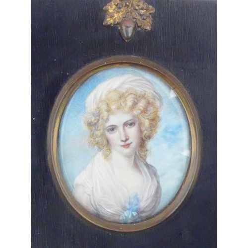 9030 - A 19th Century watercolour on oval ivory panel, portrait of a young lady in white dress and bonnet. ... 
