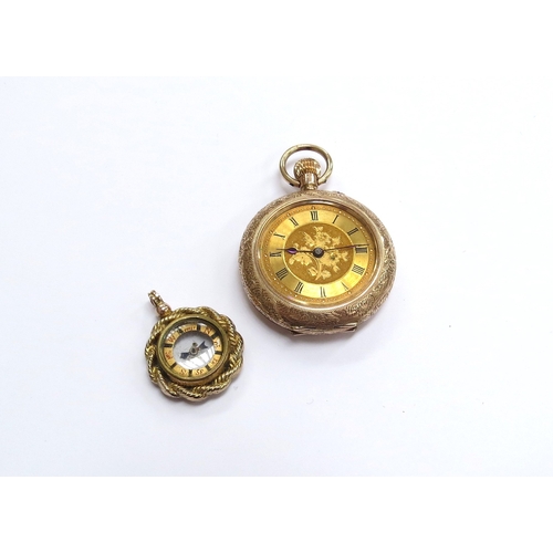 6132 - A gold fob watch with engraved back marked 9k and a gold compass fob, unmarked (a/f), 31.7g total