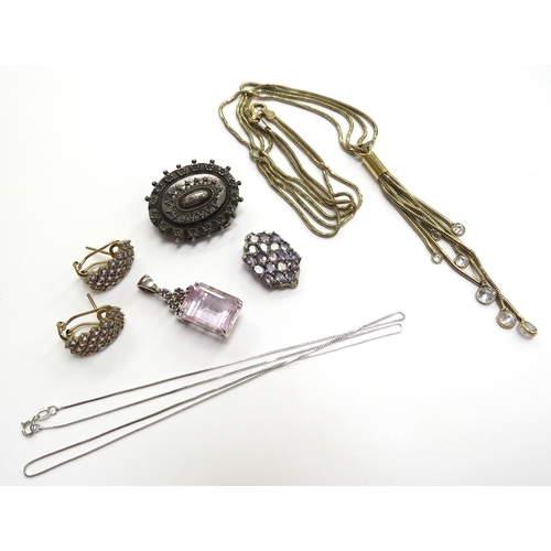 6558 - A pair of 9ct gold stone set earrings, 9ct white gold neckchain, 5.8g, two 925 pendants and 925 gilt... 