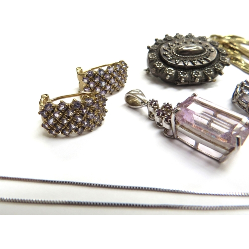 6558 - A pair of 9ct gold stone set earrings, 9ct white gold neckchain, 5.8g, two 925 pendants and 925 gilt... 