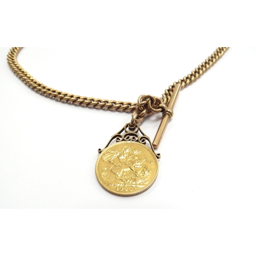 6541 - A 1906 gold sovereign hung on a 9ct gold watch chain with T-bar, each link stamped, 37cm long, 44.3g... 