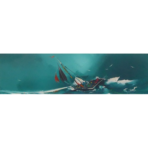 1052 - DAVID DEAKINS (b.1944) Three framed and glazed oils on board, yachts in rough seas. Each signed. Ima... 