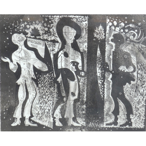 1061 - A framed and glazed untitled etching depicting stylised figures. Indistinctly signed in biro bottom ... 