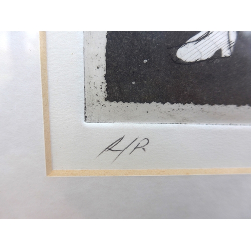1061 - A framed and glazed untitled etching depicting stylised figures. Indistinctly signed in biro bottom ... 